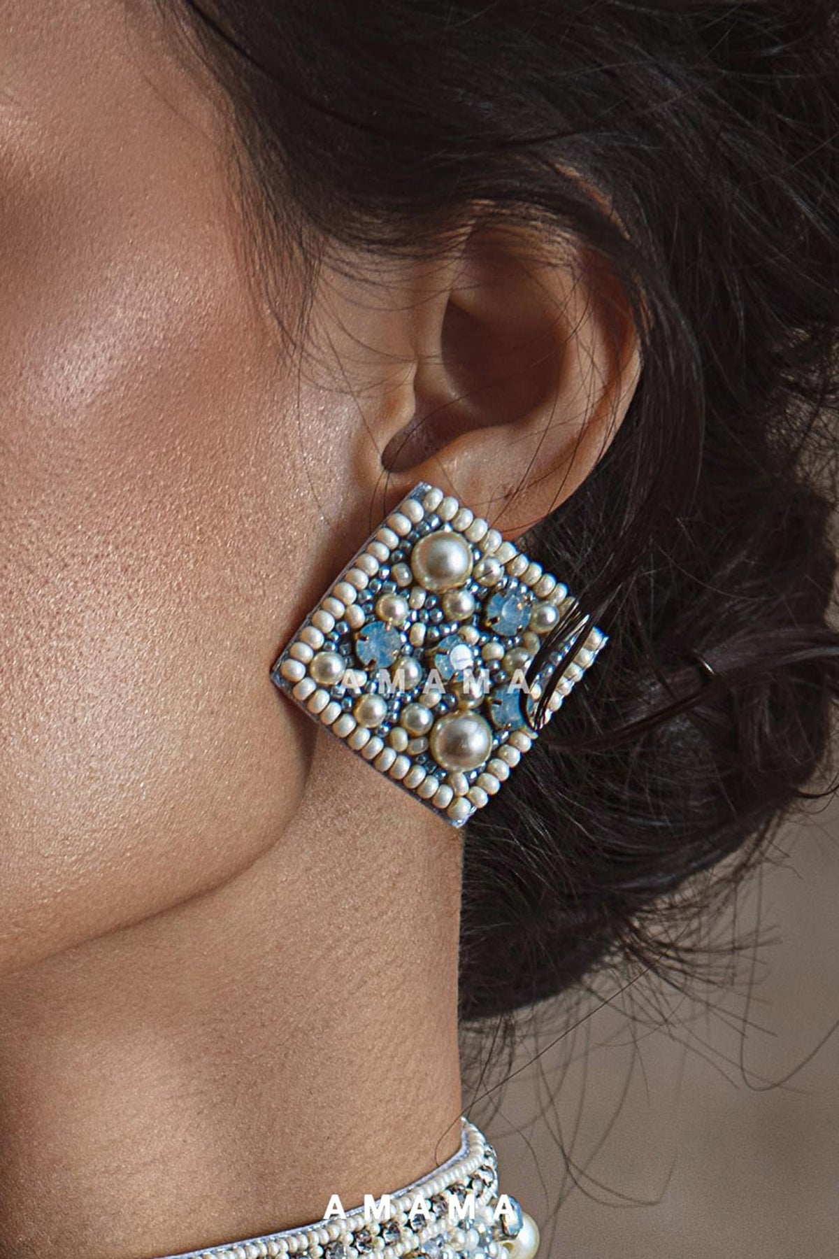 White Glass Hand Embroidered Stud Earrings