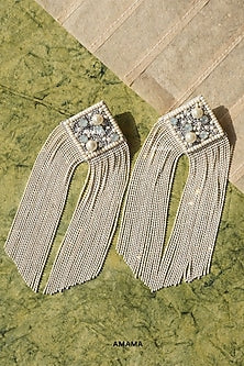 White Glass Hand Embroidered Long Earrings