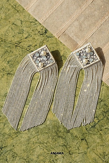White Glass Hand Embroidered Long Earrings