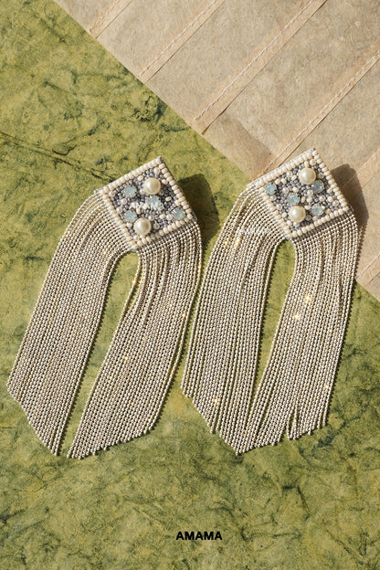 White Glass Hand Embroidered Long Earrings