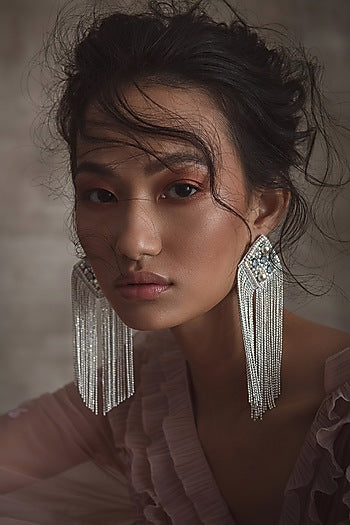 White Glass Hand Embroidered Long Earrings