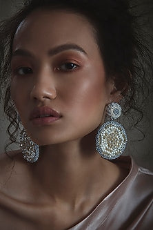 White Long Earrings With Glass Hand Embroidery