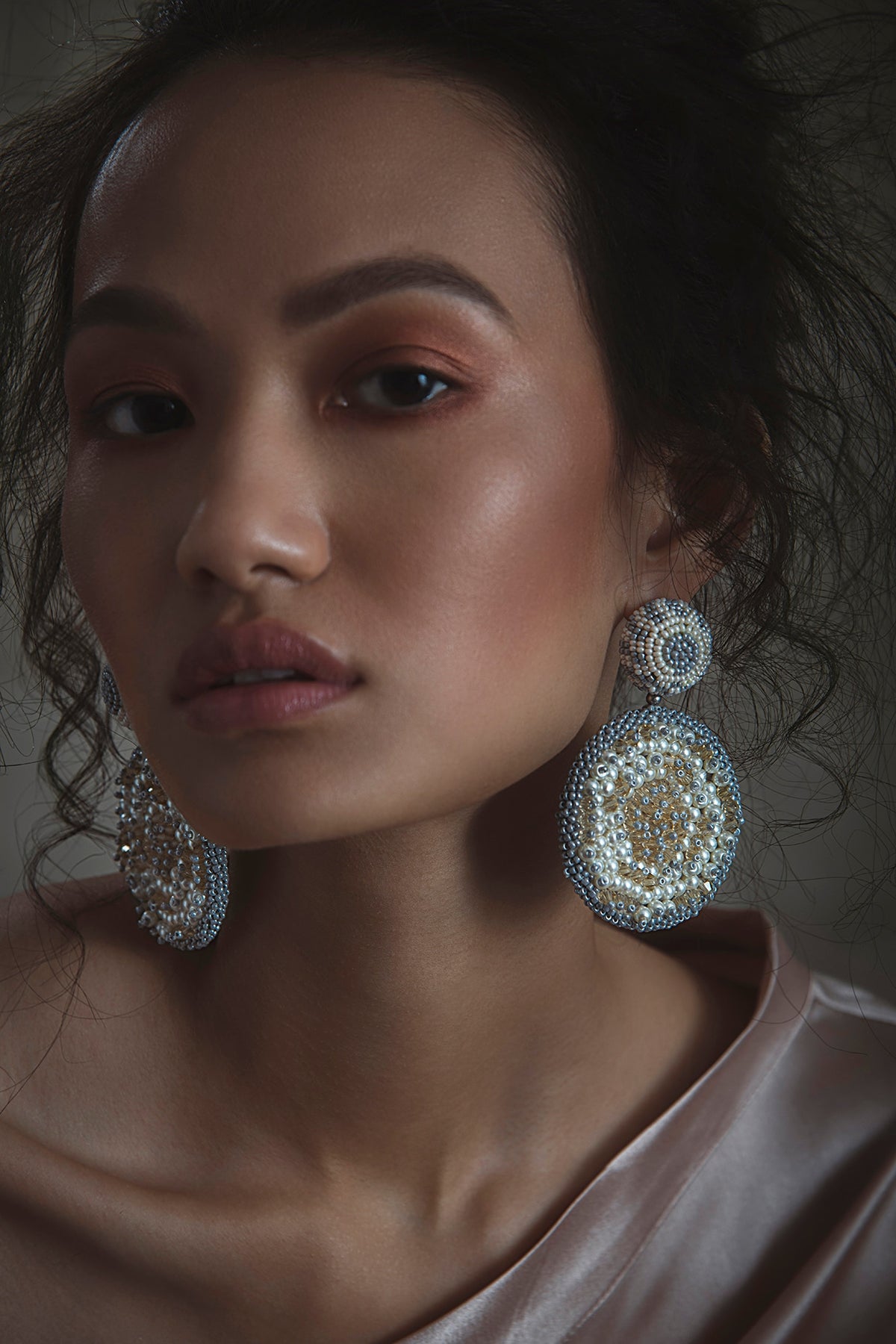 White Long Earrings With Glass Hand Embroidery