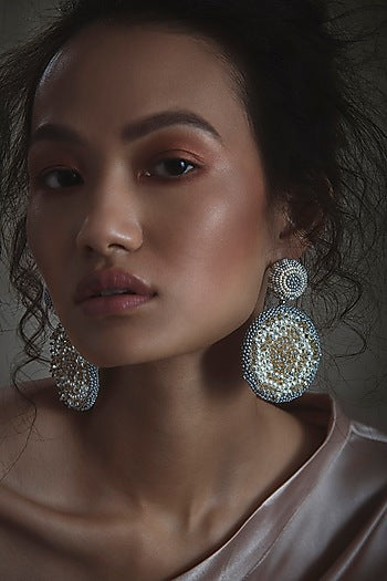 White Long Earrings With Glass Hand Embroidery