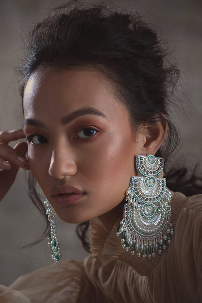 White & Green Glass Hand Embroidered Long Earrings