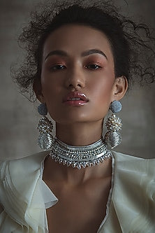 White Glass Hand Embroidered Long Earrings