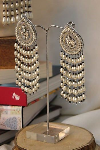 White Hand Embroidered Long Earrings