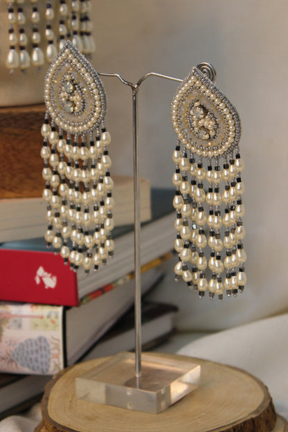 White Hand Embroidered Long Earrings