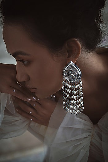 White Hand Embroidered Long Earrings