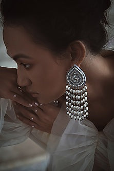White Hand Embroidered Long Earrings