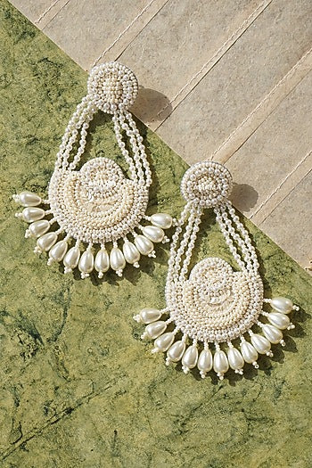White Hand Embroidered Glass Earrings