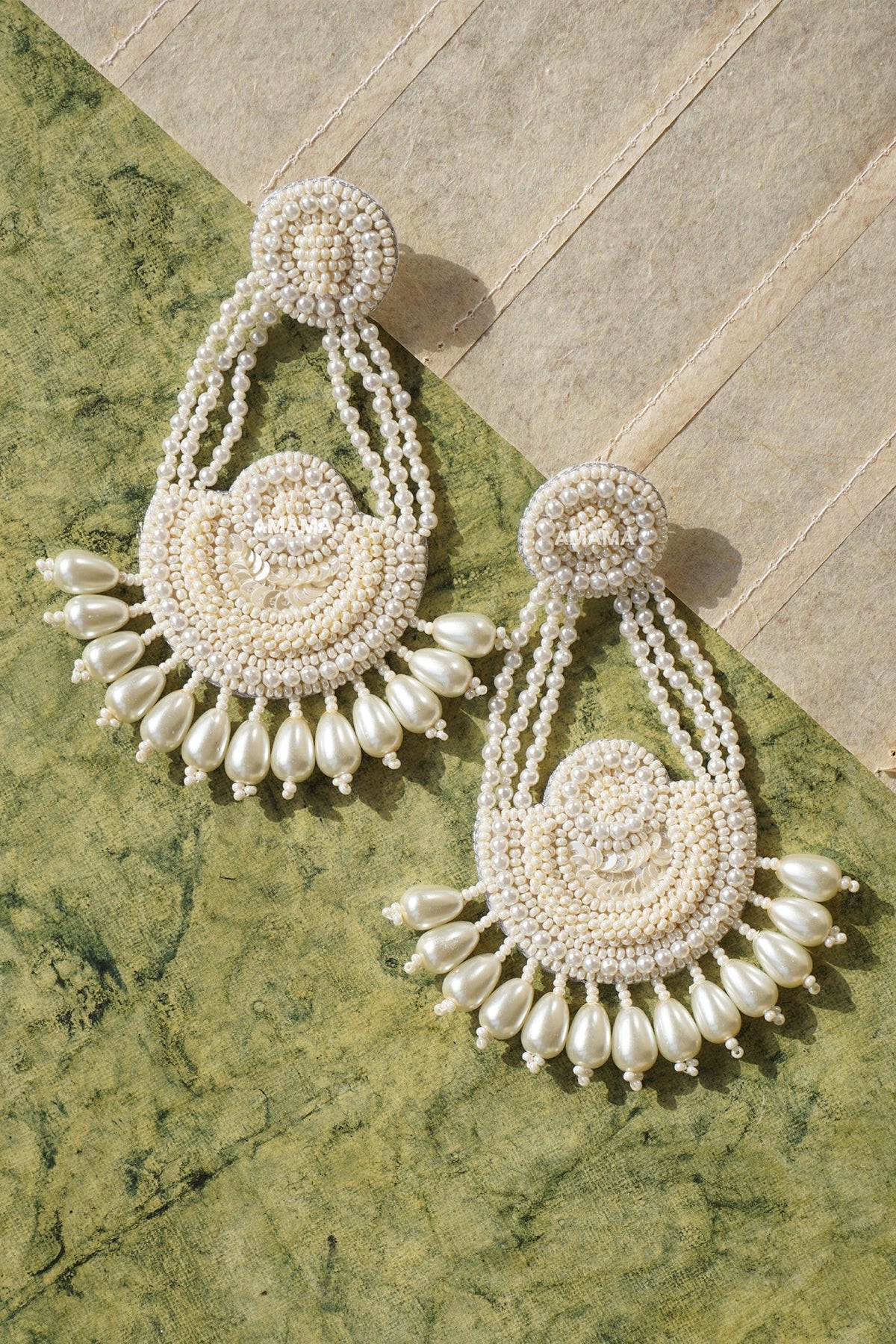 White Hand Embroidered Glass Earrings