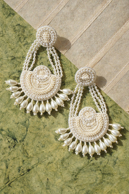 White Hand Embroidered Glass Earrings