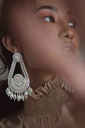 White Hand Embroidered Glass Earrings