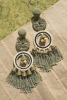 Green Glass Hand Embroidered Long Earrings