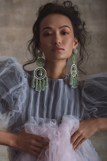 Green Glass Hand Embroidered Long Earrings