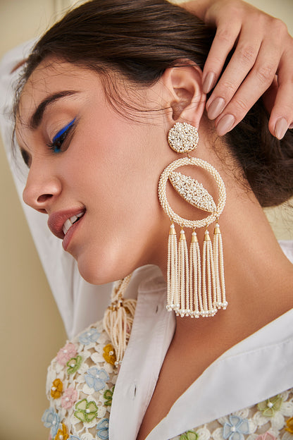 White Embroidered Dangler Earrings