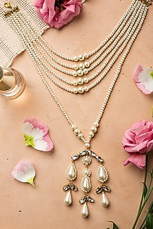 White Beads Embroidered Long Necklace