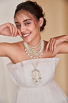 White Beads Embroidered Long Necklace
