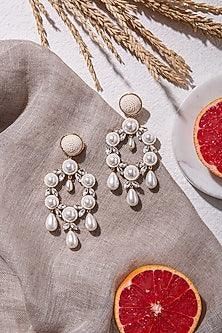 White Beads Embroidered Dangler Earrings