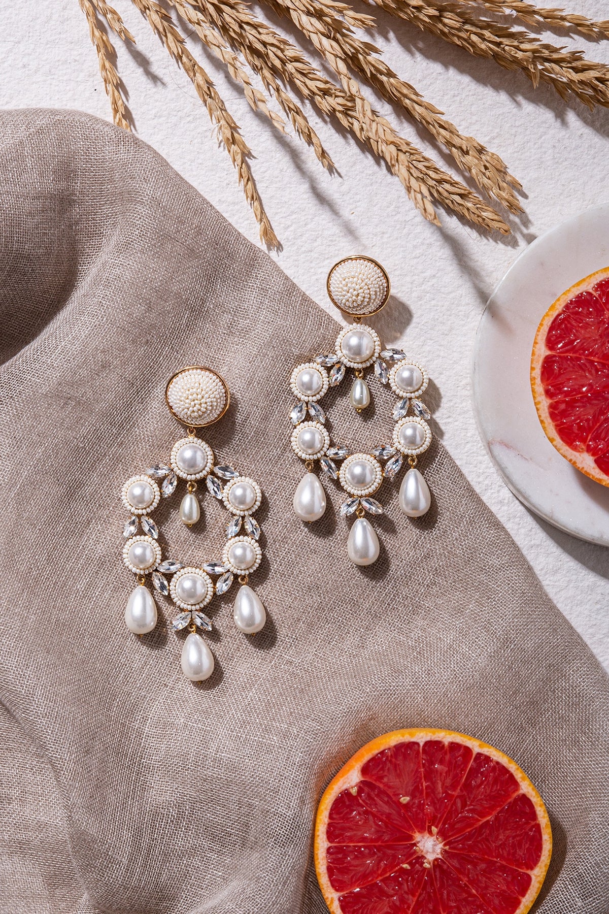 White Beads Embroidered Dangler Earrings