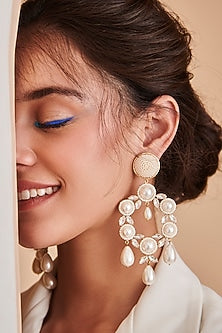 White Beads Embroidered Dangler Earrings