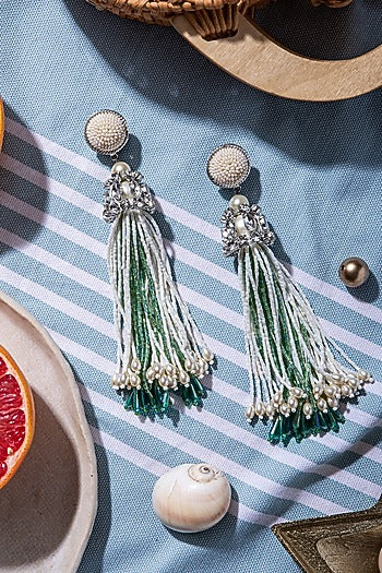 White Beads Embroidered Earrings