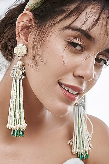 White Beads Embroidered Earrings