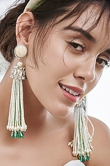 White Beads Embroidered Earrings