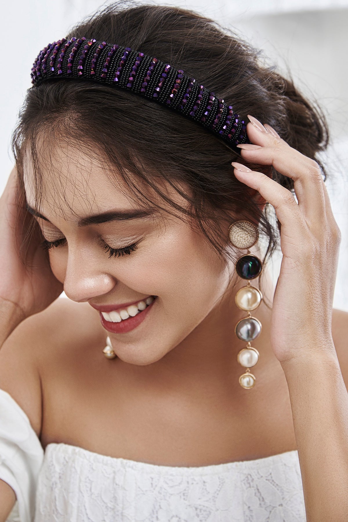 White Dangler Earring With Metal Work