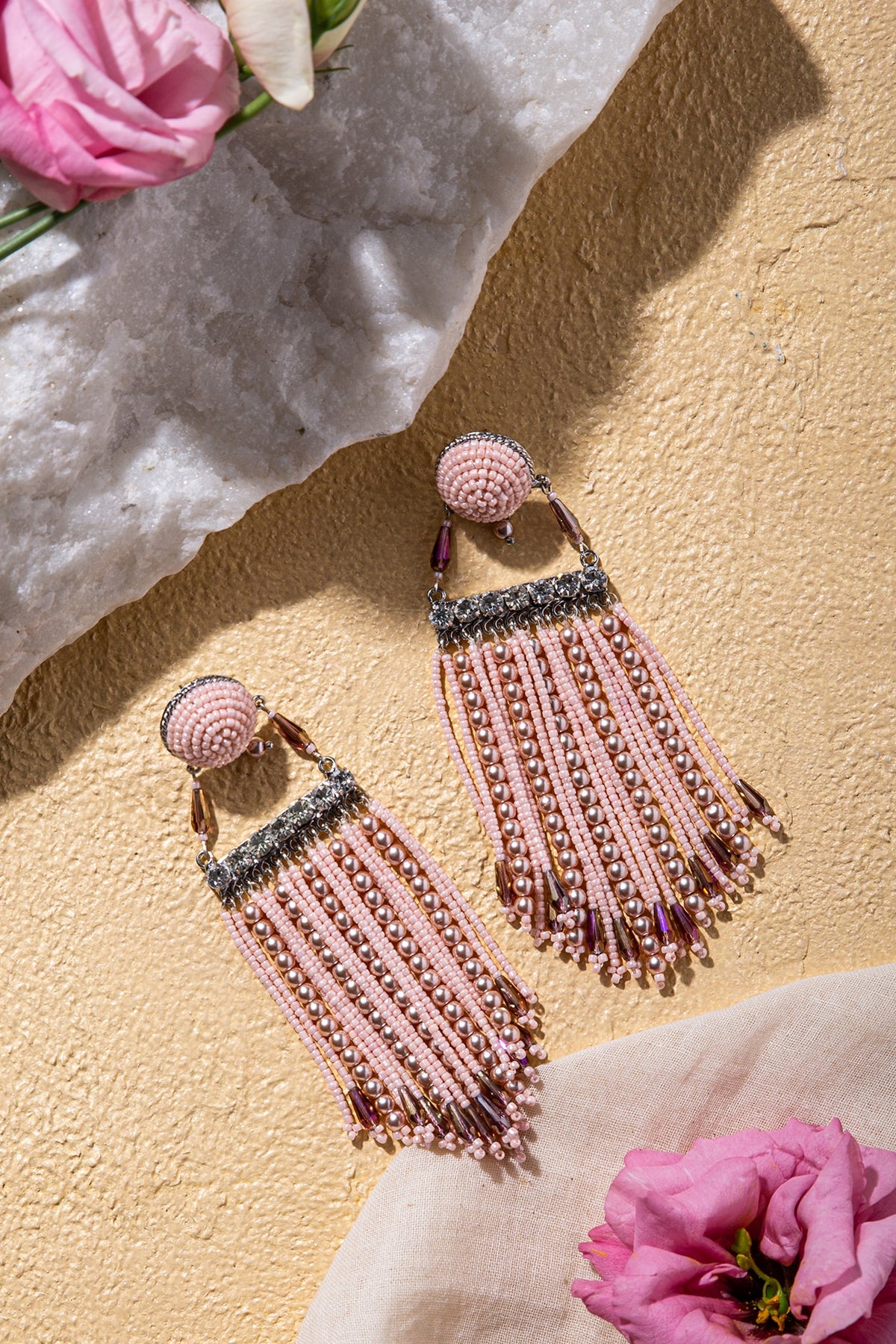 Pink Beads Embroidered Dangler Earrings