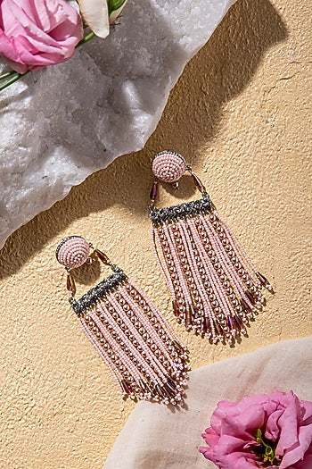 Pink Beads Embroidered Dangler Earrings