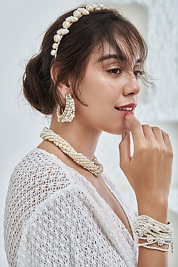 White Beads Embroidered Hoop Earrings