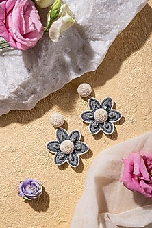 Lilac Grey Beads Embroidered Stud Earrings