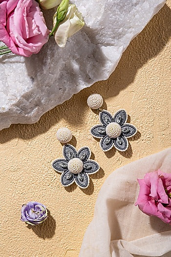 Lilac Grey Beads Embroidered Stud Earrings