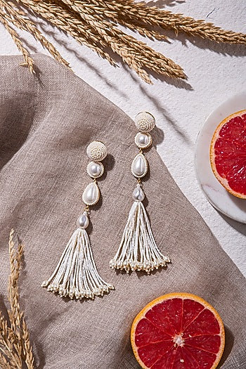 White Beads Embroidered Dangler Earrings In Brass