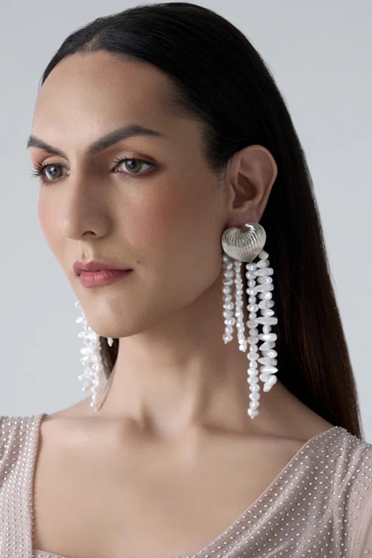 Silver Chrome Finish Faux Pearl Dangler Earrings