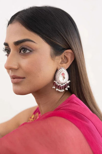 White Finish Pink Stone Dangler Earrings