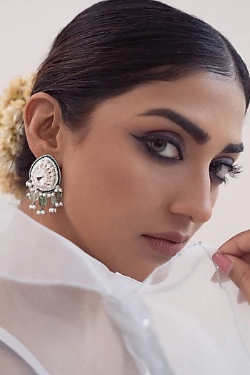 White Finish Green Stone Dangler Earrings