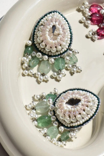 White Finish Green Stone Dangler Earrings