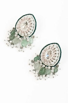 White Finish Green Stone Dangler Earrings