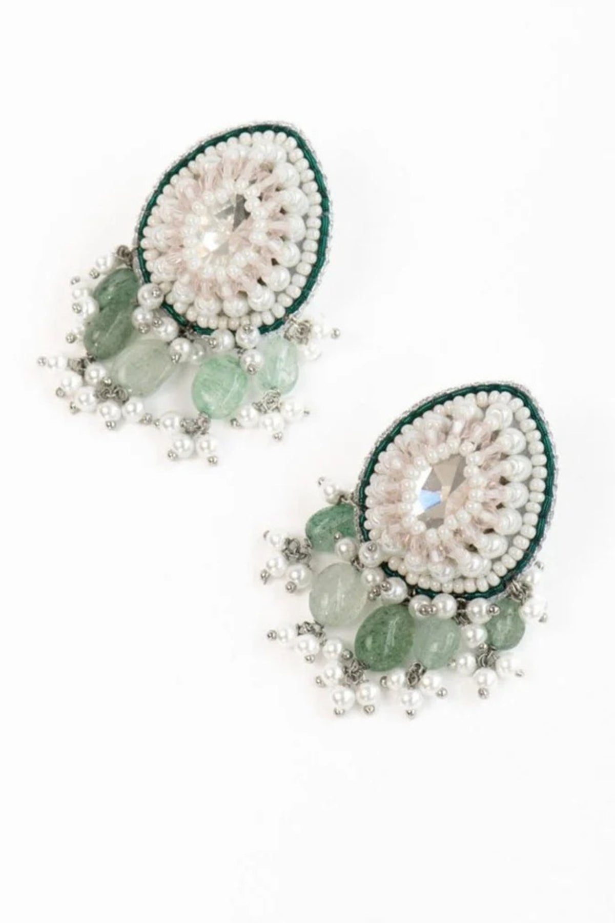 White Finish Green Stone Dangler Earrings