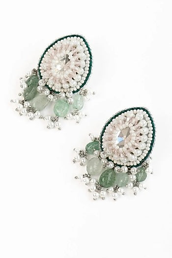 White Finish Green Stone Dangler Earrings