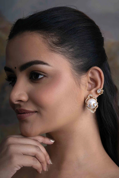 Gold Plated Cubic Zirconia Dangler Earrings With Ear Cuff