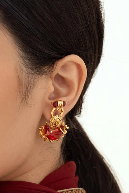 Antique Gold Plated Red Onyx & Glass Stone Stud Earrings