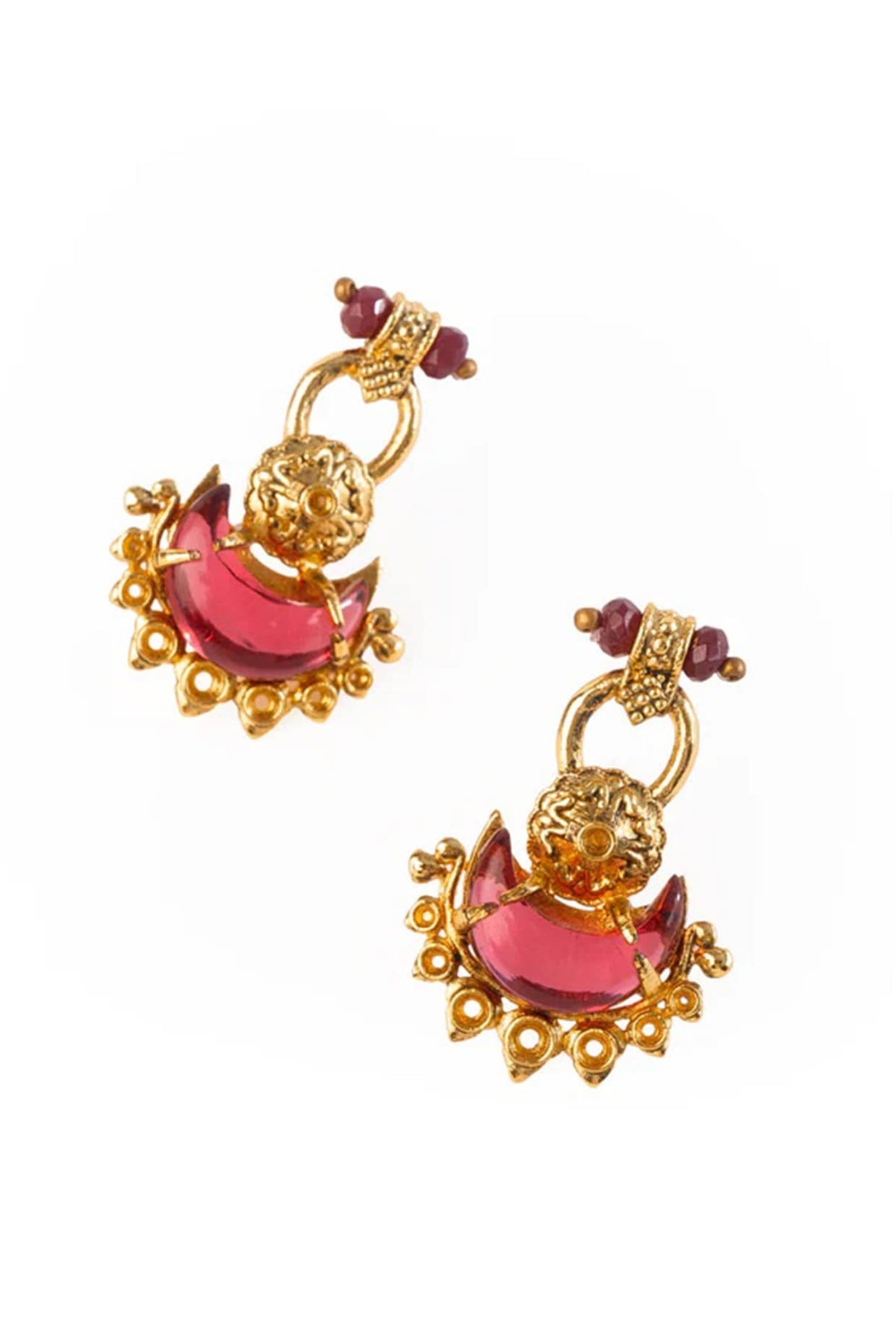 Antique Gold Plated Red Onyx & Glass Stone Stud Earrings