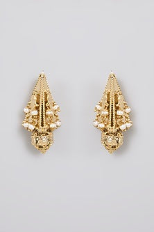 Antique Gold Plated Faux Pearl & Motif Stud Earrings