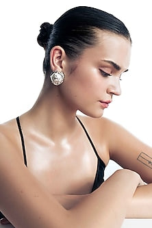 Gold Finish Pearl Crest Stud Earrings