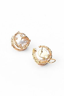 Gold Finish Pearl Crest Stud Earrings