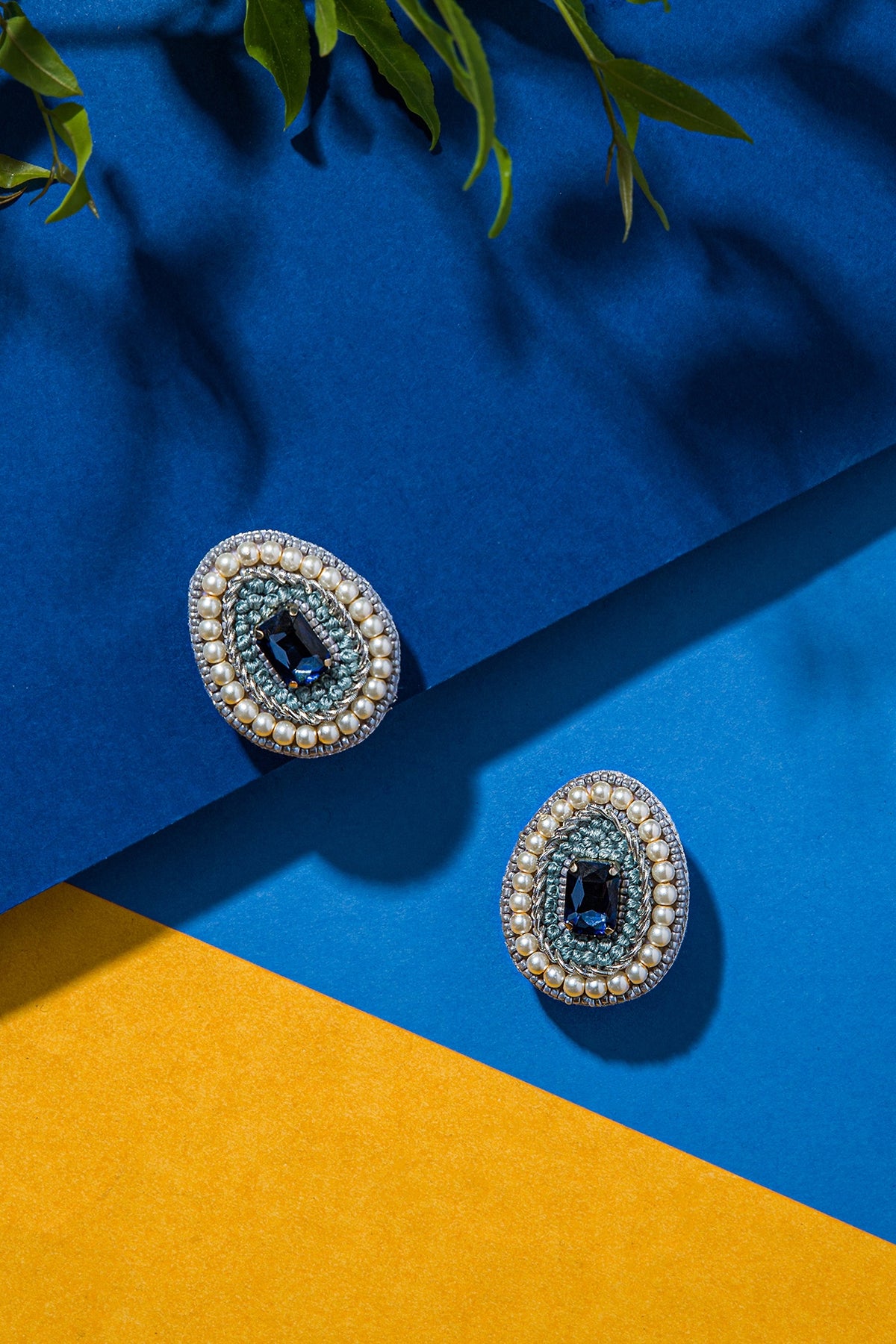 Blue Hand Embroidered Stud Earrings